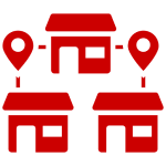 Red shop icons with location markers.