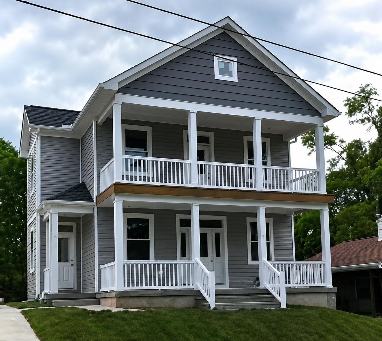 Two-story gray house with white trim.