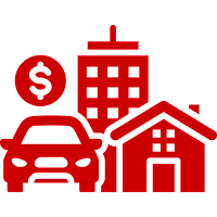 Red icons of car, house, building, dollar.